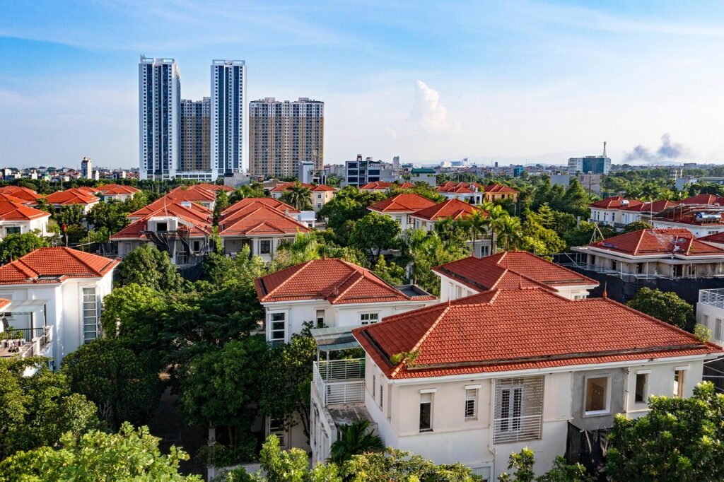 red roof, villa, scenery, urban area, landscape