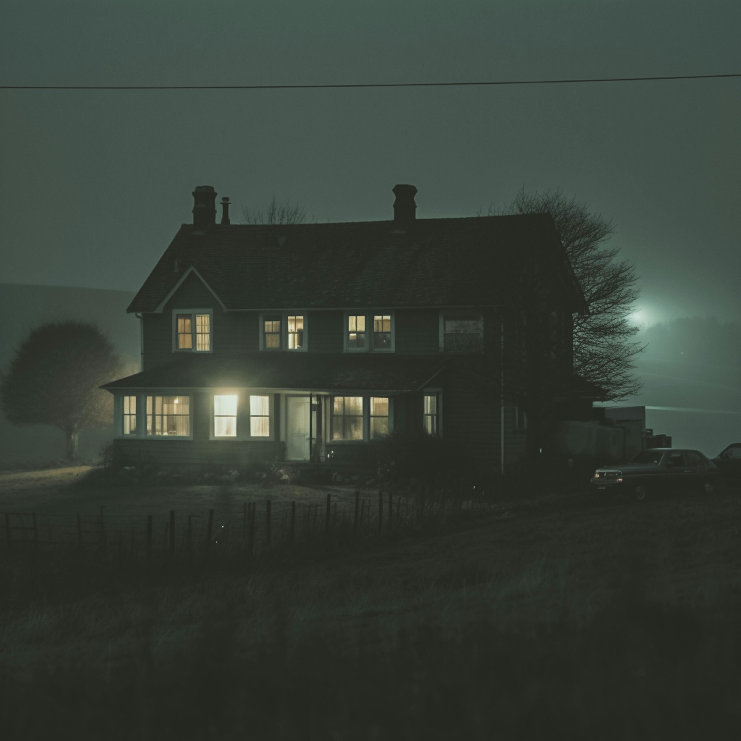 A solitary house in a foggy countryside illuminated under the moonlight, creating an eerie ambience.