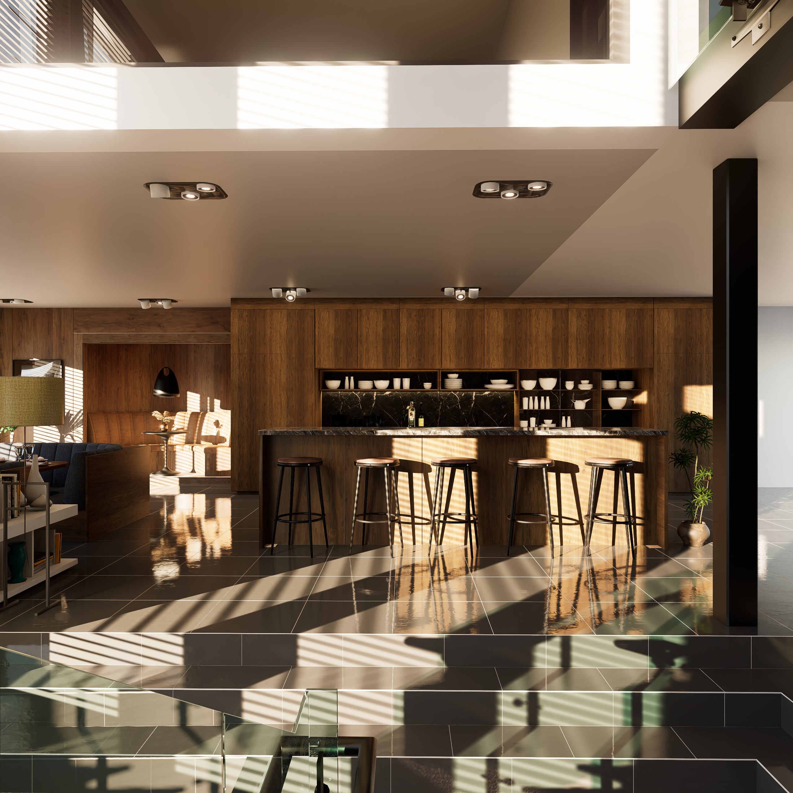 Elegant kitchen with modern minimalist design featuring cozy ambiance and wooden finish.